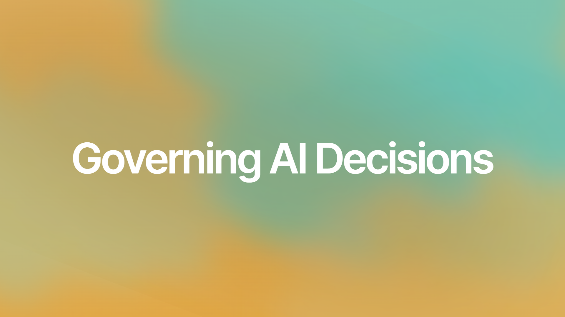 Shield with checkmark on it with the text Governing AI Decisions, and a teal/purple abstract smoky background.